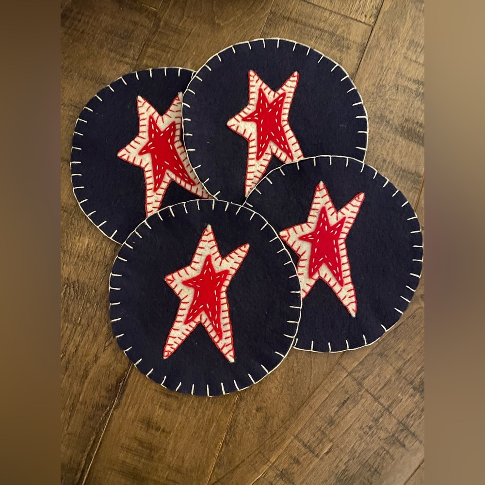 Handmade set of 4 felt patriotic red, white, & blue mug mats / coasters